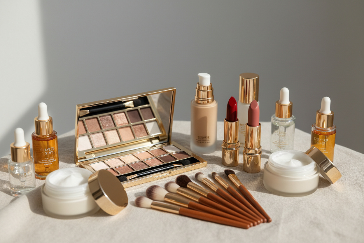 Maquillaje, brocas, serums, crema